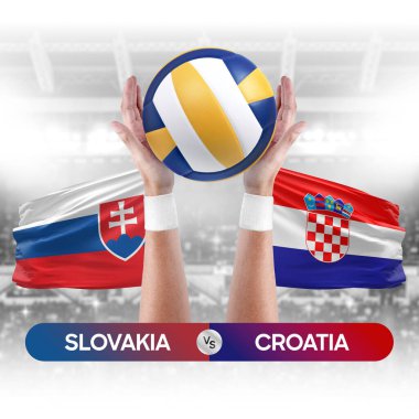 Slovakya, Hırvatistan milli takımlarına karşı voleybol voleybol topu yarışma konsepti.