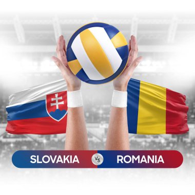 Slovakya Romanya milli takımlarına karşı voleybol voleybol topu yarışma konsepti.