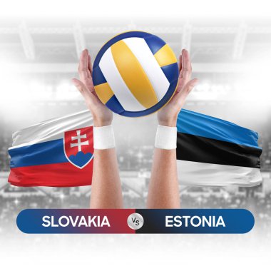 Slovakya, Estonya milli takımlarına karşı voleybol voleybol topu yarışma konsepti.