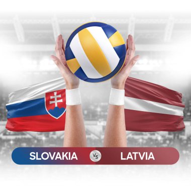 Slovakya Letonya milli takımlarına karşı voleybol voleybol topu yarışma konsepti.