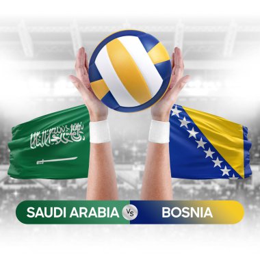 Suudi Arabistan Bosna milli takımlarına karşı voleybol voleybol topu yarışma konsepti.