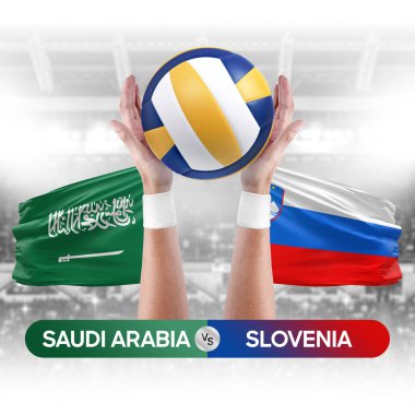 Suudi Arabistan Slovenya milli takımlarına karşı voleybol voleybol topu yarışma konsepti.