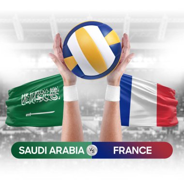 Suudi Arabistan Fransa milli takımlarına karşı voleybol voleybol topu yarışma konsepti.