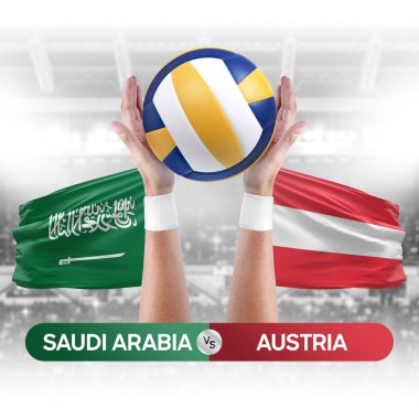 Suudi Arabistan Avusturya milli takımlarına karşı voleybol voleybol topu yarışma konsepti.