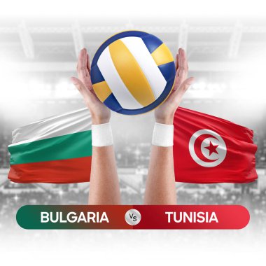 Bulgaristan Tunus milli takımlarına karşı voleybol voleybol topu yarışma konsepti.