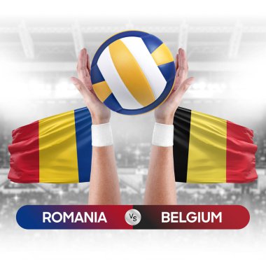 Romanya, Belçika milli takımlarına karşı voleybol voleybol topu yarışma konsepti.
