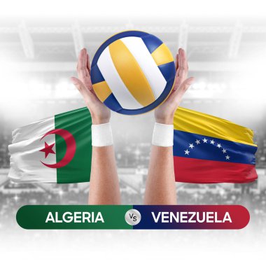 Cezayir, Venezuela milli takımlarına karşı voleybol voleybol topu yarışma konsepti.