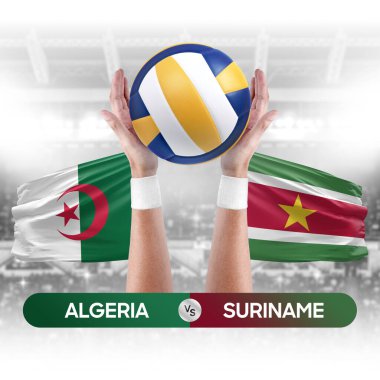 Cezayir Surinam milli takımlarına karşı voleybol voleybol topu yarışması konsepti.