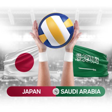 Japonya Suudi Arabistan 'a karşı milli takımlar voleybol voleybol topu yarışma konsepti.