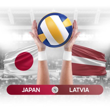 Japonya Letonya milli takımlarına karşı voleybol topu yarışma konsepti.