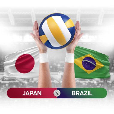 Japonya Brezilya milli takımlarına karşı voleybol voleybol maçı konsepti.