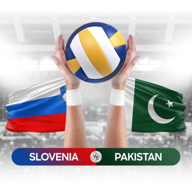 Slovenya Pakistan milli takımlarına karşı voleybol voleybol maçı konsepti.