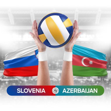 Slovenya, Azerbaycan milli takımlarına karşı voleybol voleybol topu yarışma konsepti.