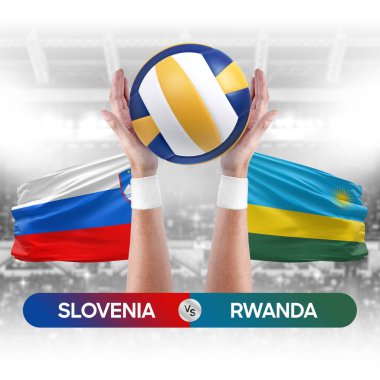Slovenya Ruanda milli takımlarına karşı voleybol voleybol topu yarışma konsepti.