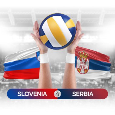 Slovenya Sırbistan milli takımlarına karşı voleybol voleybol maçı konsepti.