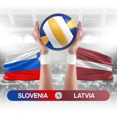 Slovenya Letonya milli takımlarına karşı voleybol voleybol topu yarışma konsepti.