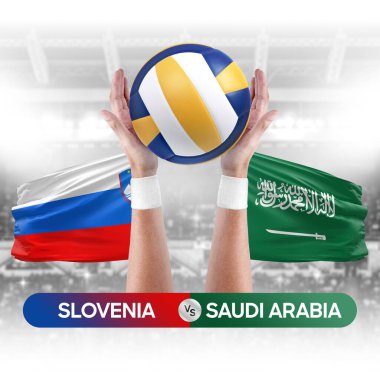 Slovenya Suudi Arabistan 'a karşı milli takımlar voleybol voleybol topu yarışma konsepti.