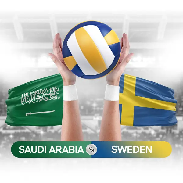 Saudi Arabia vs Sweden national teams volleyball volley ball match competition concept.