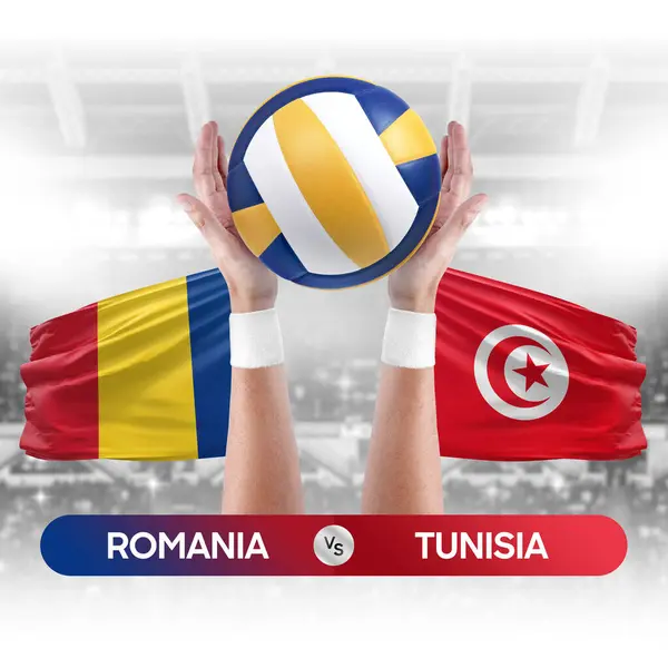 Romanya Tunus milli takımlarına karşı voleybol voleybol topu yarışma konsepti.