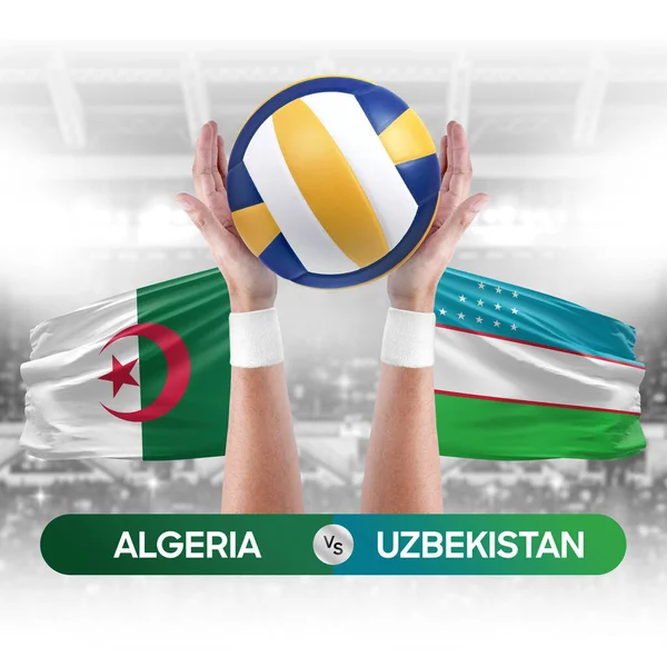 Algeria vs Uzbekistan national teams volleyball volley ball match competition concept.