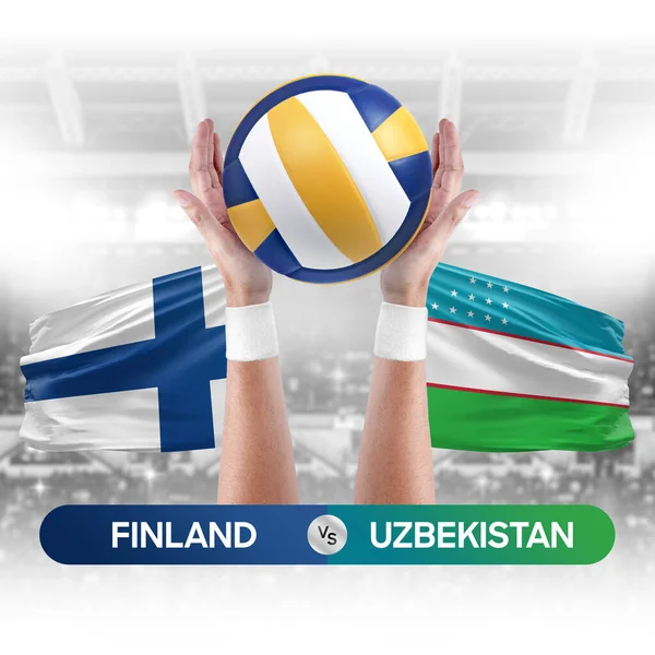 Finland vs Uzbekistan national teams volleyball volley ball match competition concept.