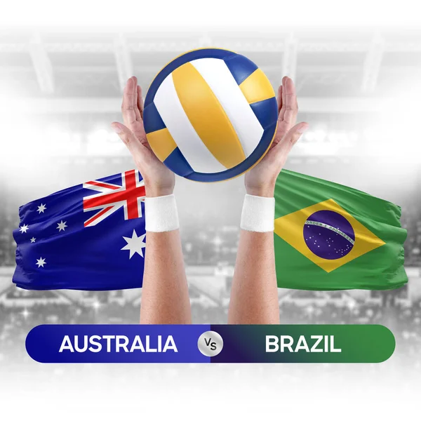 Australia vs Brazil national teams volleyball volley ball match competition concept.