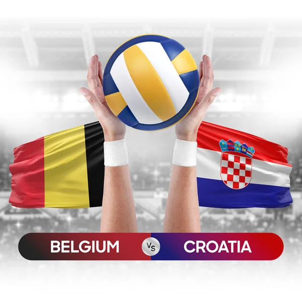Belgium vs Croatia national teams volleyball volley ball match competition concept.