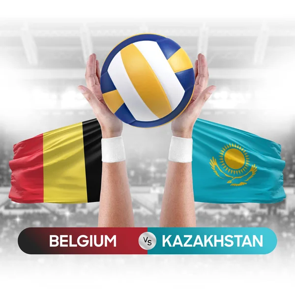 Belgium vs Kazakhstan national teams volleyball volley ball match competition concept.