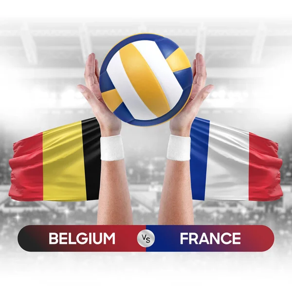 Belgium vs France national teams volleyball volley ball match competition concept.