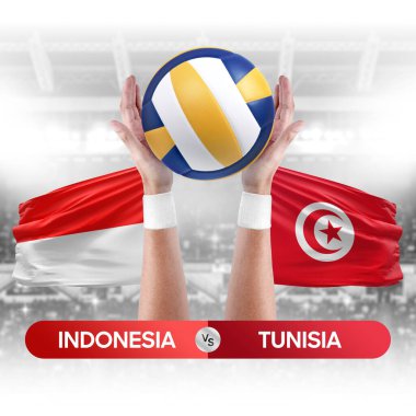 Endonezya Tunus milli takımlarına karşı voleybol voleybol topu yarışma konsepti.