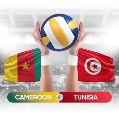 Kamerun Tunus milli takımlarına karşı voleybol voleybol topu yarışma konsepti.