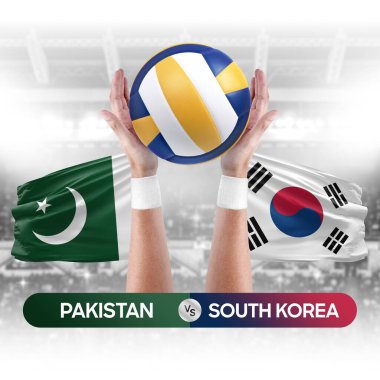Pakistan Güney Kore milli takımlarına karşı voleybol voleybol müsabakası konsepti.