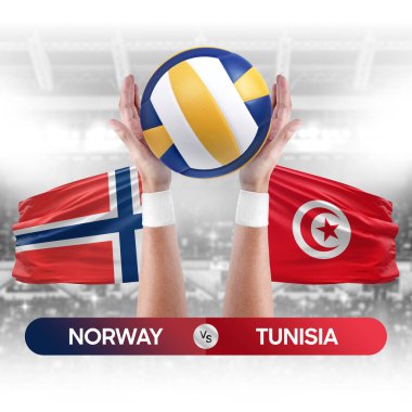 Norveç Tunus milli takımlarına karşı voleybol voleybol topu yarışma konsepti.