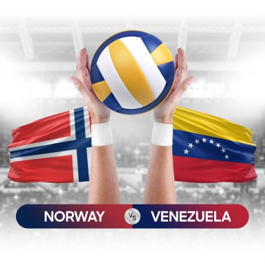 Norveç, Venezuela milli takımlarına karşı voleybol voleybol topu yarışma konsepti.