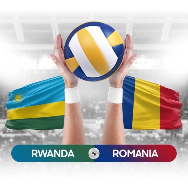 Ruanda Romanya milli takımlarına karşı voleybol voleybol topu yarışma konsepti.