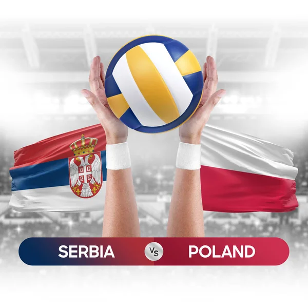 Serbia vs Poland national teams volleyball volley ball match competition concept.