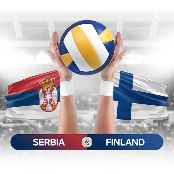 Serbia vs Finland national teams volleyball volley ball match competition concept.