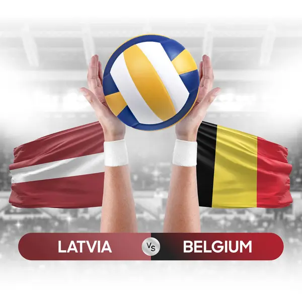 Stock image Latvia vs Belgium national teams volleyball volley ball match competition concept.