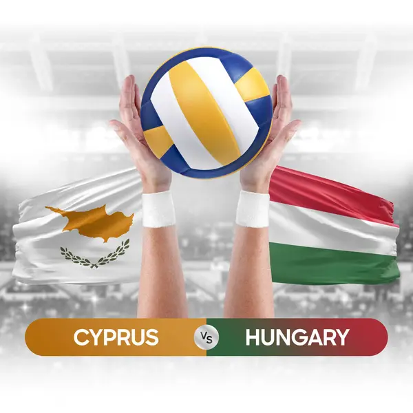 Cyprus vs Hungary national teams volleyball volley ball match competition concept.