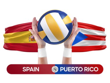 İspanya, Porto Riko milli takımlarına karşı voleybol voleybol maçı konsepti.