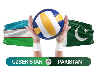 Özbekistan, Pakistan milli takımlarına karşı voleybol voleybol maçı konsepti.