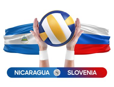 Nikaragua Slovenya milli takımlarına karşı voleybol voleybol topu yarışma konsepti.