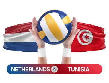 Hollanda Tunus milli takımlarına karşı voleybol voleybol topu yarışma konsepti.
