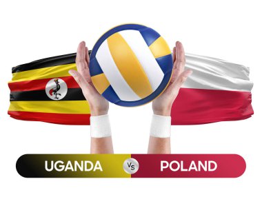 Uganda, Polonya milli takımlarına karşı voleybol voleybol maçı konsepti.