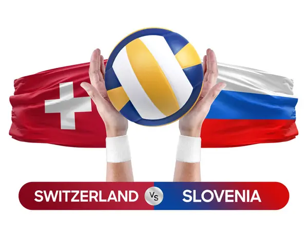 Ελβετία Εναντίον Σλοβενίας Εθνικές Ομάδες Βόλεϊ Βόλεϊ Μπάλα Αγώνα Έννοια — Φωτογραφία Αρχείου