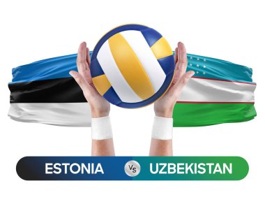 Estonya Özbekistan milli takımlarına karşı voleybol voleybol topu yarışma konsepti.