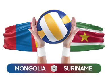 Moğolistan Surinam milli takımlarına karşı voleybol voleybol topu yarışması konsepti.