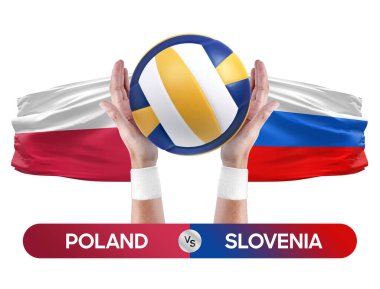 Polonya, Slovenya milli takımlarına karşı voleybol voleybol maçı konsepti.