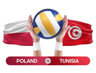 Polonya Tunus milli takımlarına karşı voleybol voleybol topu yarışma konsepti.
