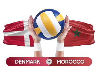 Danimarka Fas milli takımlarına karşı voleybol voleybol topu yarışma konsepti.